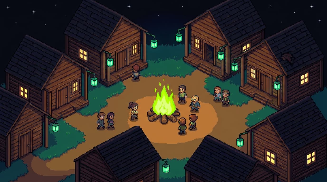 Vila pixel-art do mundo 2D do Zuno, com fogueira verde-ácido e personagens reunidos